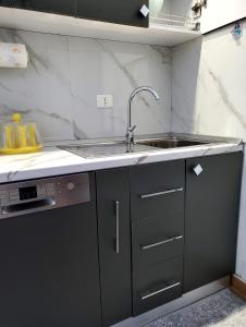 una pequeña cocina con fregadero y fregadero en Roni Apartment, en Durrës
