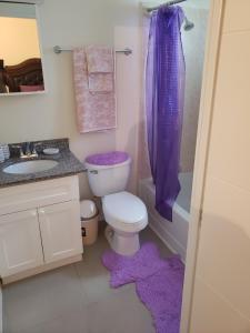 a bathroom with a toilet and a purple shower curtain at LaCondea in Florence Hall
