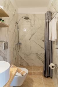 a bathroom with a shower and a toilet and a sink at Anastasia's Suites Arcadia in Vitina