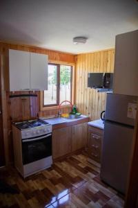a kitchen with a stove and a refrigerator at Angel Cabaña in Villarrica