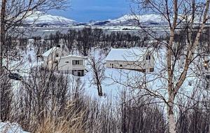 une maison au milieu d'un lac dans la neige dans l'établissement Beautiful Home In Stokmarknes With House A Panoramic View, à Stokmarknes