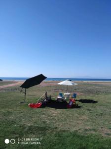 two chairs and an umbrella in a field at "By The Sea" Family apartments in Paralia Dionysiou