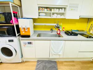 uma cozinha com um lavatório e uma máquina de lavar roupa em Aroha Guesthouse Seoul Station em Seul