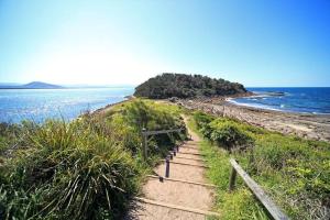 un conjunto de escaleras que conducen a una playa en Wren's Nest at Culburra Beach, en Culburra Beach