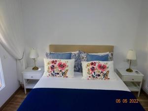 een slaapkamer met een blauw en wit bed met kussens bij Gorgeous Apartment located in Elviria Marbella in Marbella