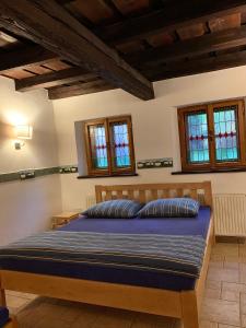 Schlafzimmer mit einem Bett mit blauer Bettwäsche und Fenstern in der Unterkunft VIP MiKU apartman 1 in Mikulov