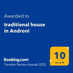 Un certificat, premiu, logo sau alt document afișat la traditional house in Androni