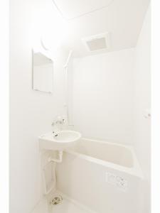 a white bathroom with a sink and a bath tub at Business Hotel Yamashiro in Tokyo