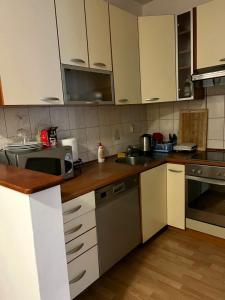 uma cozinha com armários brancos e electrodomésticos de aço inoxidável em Homy apartment in city center Marijin Dvor em Saraievo