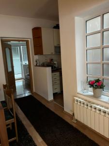 uma sala de estar com uma cozinha e uma janela em Homy apartment in city center Marijin Dvor em Saraievo mais 2 fotografias