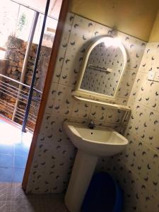 La salle de bains est pourvue d'un lavabo et d'un miroir mural. dans l'établissement Galkotuwa Estate, à Gelioya