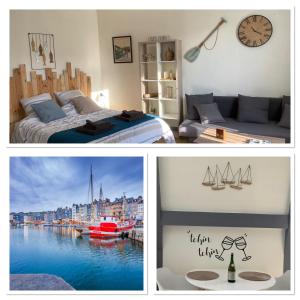 een collage van drie foto's van een slaapkamer met een stad bij Le cocon sainte Catherine in Honfleur