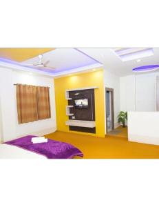 sala de estar con TV y pared amarilla en Castle Inn & Restaurant, Shivpuri, en Shivpurī