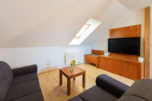 a living room with a couch and a flat screen tv at Na Helštýně in Frenštát pod Radhoštěm