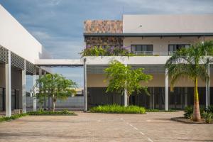 un bâtiment avec des palmiers dans un parking dans l'établissement Agora Apartments, à Lusaka