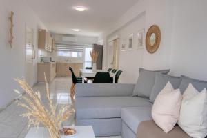 een woonkamer met een grijze bank en een keuken bij Phaedrus Living Down Town Flat Stephania 302 in Limassol