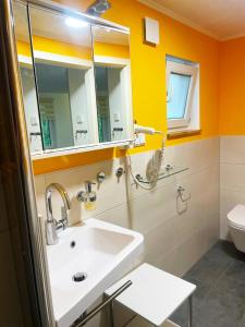 uma casa de banho com um lavatório, um espelho e um WC. em Meiks Ostseehütten em Dranske