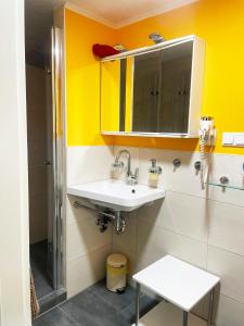 a bathroom with a sink and a mirror at Meiks Ostseehütten in Dranske