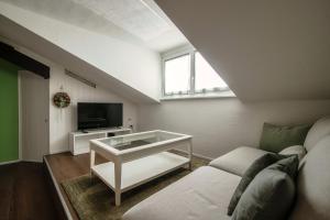 a living room with a couch and a tv at Mansarda Verde by Quokka 360 - cosy attic apartment with lake view in Ponte Tresa