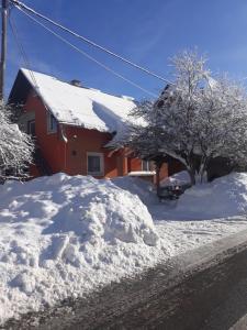 a house covered in snow next to a street at Apartments Matovina in Saborsko