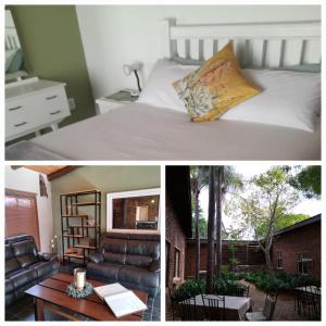 2 fotos de un dormitorio con cama y mesa en Gorgeous Gecko Guesthouse, en Modimolle