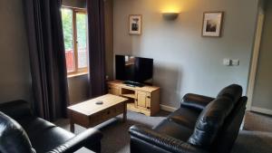 sala de estar con muebles de cuero y TV de pantalla plana en Chestnut Lodge, Summerhayes, en Bridgwater