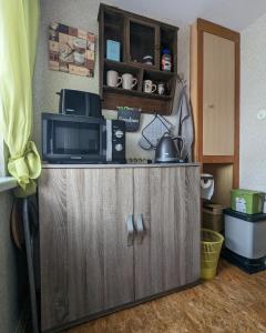 um micro-ondas em cima de um armário numa cozinha em Landhaus "Kühler Morgen", Appartement mit 140er Futonbett, Teeküche, Bad 