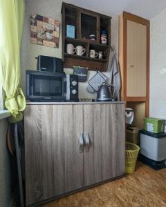 a microwave on top of a cabinet in a kitchen at Landhaus "Kühler Morgen", Appartement in Kühler Morgen +16 photos