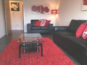 a living room with a black couch and a red rug at AB11 Apartments - Portland Street in Aberdeen