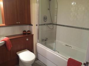 a bathroom with a shower and a toilet and a sink at AB11 Apartments - Portland Street in Aberdeen