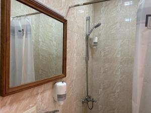 ein Bad mit einer Dusche, einem Spiegel und einem Waschbecken in der Unterkunft Saryan Guesthouse in Goris