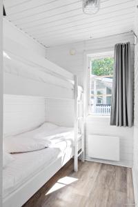 a bedroom with two bunk beds and a window at First Camp Tylösand-Halmstad in Tylösand