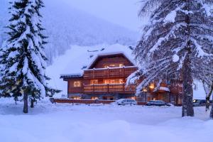 a large log cabin in the snow with trees at Vila Pavlina in Kranjska Gora