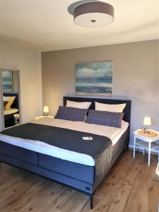 a bedroom with a large bed with a blue headboard at Hotel Neuenfels in Badenweiler