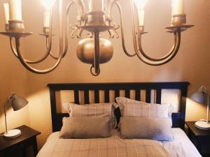貝格海姆的住宿－Gîte Le Dandelion, charme et confort，一间卧室配有2个吊灯和1张带枕头的床