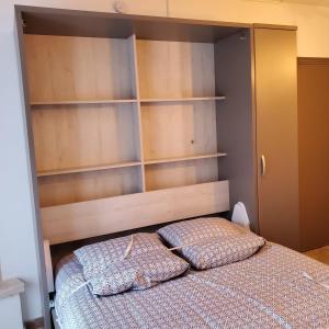 1 dormitorio con 1 cama con estanterías de madera en MACLENFA: charmant studio au cœur de l’Herault. en Saint-Guilhem-le-Désert