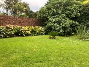 a garden with a brick wall and a lawn with a hose at A boutique lodge situated in a serene environment - 2030 in Harare