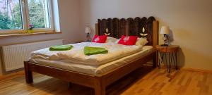 a bedroom with a large bed with red and green pillows at 2chałupy - apartamenty w Soli in Sól
