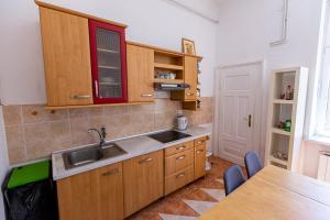 a kitchen with wooden cabinets and a sink and a table at Prenočišče Maribor Center in Maribor