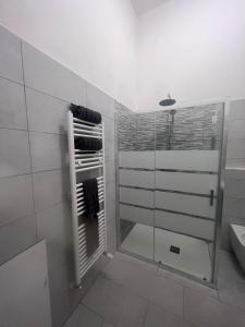 uma casa de banho com uma cabina de duche ao nível do chão e um lavatório. em Giuseppe Giovannetti 50 em Lucca