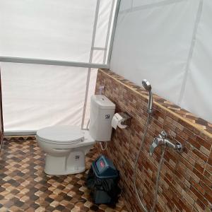 a bathroom with a toilet and a shower at Volcano rim Glamping Kintamani in Kubupenlokan