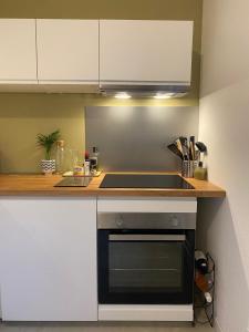 a kitchen with a sink and a stove top oven at Spacieux logement au pied du Vercors in Saint-Jean-en-Royans