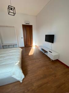 Schlafzimmer mit einem Bett und einem Flachbild-TV in der Unterkunft Hlux OI ₐffᵢₜₜₐCₐₘₑᵣₑ in Piacenza