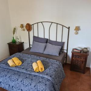 a bedroom with a bed with two yellow pillows at Casa Antonia in Algarrobo
