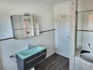 a bathroom with a blue sink and a mirror at Anker Perla in Grömitz