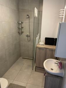 y baño con ducha y lavamanos. en Apartment Katowice Center-1, en Katowice