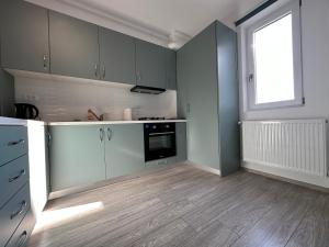 a kitchen with green cabinets and a window in it at Renting Solutions Q in Iaşi +4 photos