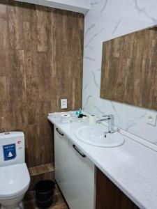 uma casa de banho com um lavatório branco e um WC. em Апартаменты в центре, в новом доме em Almaty