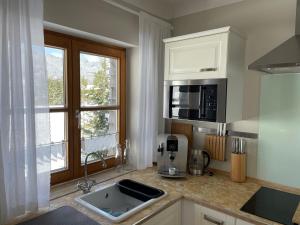 uma cozinha com um lavatório e um micro-ondas em Am Hörnle Appartements em Pfronten