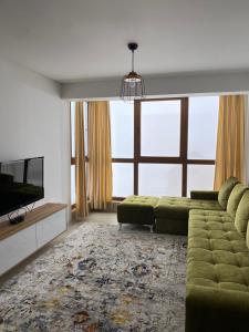 Apartman Green في Šišava: غرفة معيشة مع أريكة خضراء وتلفزيون